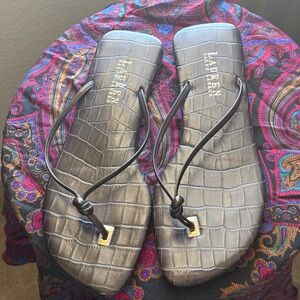 Lauren Ralph Lauren Black Croc-Embossed Knot Flip Flop Sandal